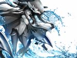  1girl black_cape black_hair blue_eyes cape gloves glowing glowing_eyes grey_skin hat headgear kantai_collection long_hair manjyufroth navel pale_skin shinkaisei-kan silver_hair solo standing tentacles water white_background wo-class_aircraft_carrier 