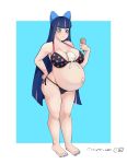  1girl bikini black_bikini blue_eyes blush bow breasts food highres ice_cream large_breasts long_hair multicolored multicolored_bikini multicolored_clothes multicolored_hair panty_&amp;_stocking_with_garterbelt pink_bikini pregnant side-tie_bikini solo stocking_(psg) swimsuit traveler_san two-tone_hair 