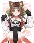  1girl animal_ears black_gloves black_neckwear blush brown_eyes brown_hair cat_ears claw_pose cowboy_shot detached_sleeves elbow_gloves forehead_protector gloves green_ribbon hair_intakes hair_ribbon half_updo headband highres jintsuu_(kantai_collection) kantai_collection kozu_(bloomme1_me) long_hair looking_at_viewer necktie ribbon school_uniform serafuku solo 