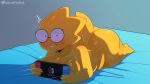  16:9 alphys anthro bed belly big_breasts big_butt blush bodily_fluids breasts buckteeth butt caught chubby_female covering covering_breasts english_text eyewear female front_view furniture glasses hi_res inside looking_at_viewer lying nintendo nintendo_switch non-mammal_breasts nude on_bed on_front reptile scales scalie short_stack signature slightly_chubby solo somescrub surprise sweat teeth text thick_tail thick_thighs three-quarter_view undertale video_games wide_eyed wide_hips widescreen yellow_body yellow_scales 