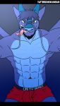  absurd_res anthro black_bars blue_body blue_eyes blue_scales boxers_(clothing) bulge chinou_nagesuki christopher_wyvern clothing dragon eye_contact eyebrows first_person_view hi_res horn letterbox looking_at_another male membrane_(anatomy) membranous_wings muscular muscular_anthro muscular_male pinned red_clothing scales scalie seductive simple_background smile smirk solo tongue tongue_out underwear wings 