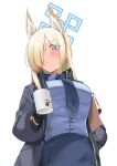  1girl absurdres animal_ear_fluff animal_ears black_gloves blonde_hair blue_archive blue_eyes blue_halo blue_necktie blue_shirt blush breasts buttons clipboard coffee_mug collared_shirt cup dog_ears dress_shirt extra_ears from_below gloves hair_over_one_eye halo hand_in_pocket highres holding holding_clipboard holding_cup jacket kanna_(blue_archive) large_breasts long_hair looking_at_viewer mug necktie notched_ear open_clothes open_jacket parted_lips pencil_skirt police police_uniform policewoman print_mug purple_armband sharp_teeth shirt side_slit simple_background skirt solo sweat teeth tented_shirt white_background yunagi921 