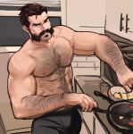  1boy bara beard body_hair chest chest_hair cooking facial_hair frying_pan highres jang_ju_hyeon league_of_legends looking_at_viewer malcolm_graves male_focus manly muscle nipples pectorals raised_eyebrow salt shirtless simple_background sketch 