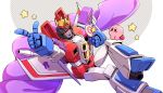  2boys absurdres alien candy crossover crown food highres holding holding_candy holding_food holding_lollipop kirby kirby_(series) kyarara_renan lollipop looking_up mechanical_wings multiple_boys no_humans pointing red_eyes star_(symbol) starscream tongue tongue_out transformers wings 