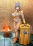  1girl abs absurdres animal_ears artist_name bandaged_arm bandaged_leg bandages bangs bare_shoulders blue_hair blunt_bangs blush bob_cut bowl breasts cat_ears cat_tail collarbone commentary dark_skin doubutsu_no_mori egypt egyptian egyptian_art egyptian_clothes fire groin hair_ornament hand_on_hip hieroglyphics highres humanization indoors looking_at_viewer makeup naked_bandage navel nile_(doubutsu_no_mori) nofuture sandals short_hair snake_hair_ornament solo standing striped_tail table tail watermark web_address 