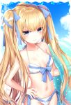  1girl absurdres bare_arms bare_shoulders bikini blonde_hair blue_eyes blue_sky breasts cloud cowboy_shot frilled_bikini frills front-tie_bikini front-tie_top hair_ribbon halterneck hand_on_hip highres innertube long_hair looking_at_viewer navel omoomomo original ribbon side-tie_bikini sidelocks sky small_breasts smile solo stomach string_bikini swimsuit twintails very_long_hair white_bikini 