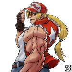  1boy adjusting_clothes adjusting_headwear baseball_cap belt black_belt black_gloves blonde_hair blue_eyes blue_pants denim fatal_fury fatal_fury_cap fingerless_gloves gloves hair_between_eyes hat highres jacket jamrolypoly jeans long_hair looking_at_viewer male_focus muscular muscular_male pants ponytail red_jacket shirt simple_background sleeveless sleeveless_jacket sleeveless_shirt smile solo terry_bogard the_king_of_fighters the_king_of_fighters_xv white_background white_shirt 
