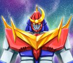  1970s_(style) energy glint glowing looking_at_viewer mecha mecha_focus muteki_choujin_zambot_3 niiyan no_humans portrait retro_artstyle robot science_fiction sky star_(sky) starry_sky super_robot upper_body yellow_eyes zambot_3 