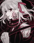  1girl bare_shoulders dark_sakura ebanoniwa facial_mark fate/stay_night fate_(series) fingernails hair_between_eyes hair_ribbon hands_together highres matou_sakura parted_lips red_eyes red_ribbon ribbon solo upper_body white_hair 