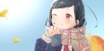  1girl artist_name brown_eyes dated day do3738 fujii_chisato ginkgo_leaf hair_ornament hairclip leaf long_sleeves major major_2nd necktie one_eye_closed outdoors red_necktie scarf short_hair 