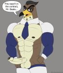  abs animal_humanoid anthro armwear avian avian_humanoid balls beak bird bodily_fluids clothed clothing digital_media_(artwork) disney ducktales_(2017) erection falcon falcon_graves falconid feathers foreskin genital_fluids genitals hair hi_res humanoid klr-rio legwear looking_at_viewer male muscular muscular_male necktie nipples penis precum reverse_bunny_costume simple_background solo speech_bubble text 