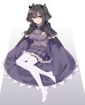  1girl bangs black_hair ddt_(darktrident) eyebrows eyebrows_visible_through_hair green_eyes hair_between_eyes hair_ornament highres looking_at_viewer no_shoes original pantyhose sitting skirt thigh_strap white_legwear 