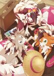  ball beachball blue_eyes book claws colored_sclera flip-flops green_eyes hat highres kechon-san lycanroc lycanroc_(dusk) lycanroc_(midday) lycanroc_(midnight) pokemon pokemon_(creature) red_eyes red_sclera sandals sitting spikes straw_hat suitcase sunglasses swim_ring tongue tongue_out 