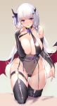  1girl absurdres azur_lane bangs blue_eyes blush breasts bridal_gauntlets cleavage demon_girl eyebrows_visible_through_hair groin hair_ornament hair_ribbon hairclip heart heart-shaped_pupils highres horns illustrious_(azur_lane) jewelry large_breasts long_hair looking_at_viewer low_twintails mole mole_under_eye one_knee revealing_clothes ribbon ring sidelocks skindentation smile solo succubus swd3e2 symbol-shaped_pupils thigh_strap thighhighs thighs twintails white_hair wings 
