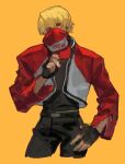  1boy black_pants black_shirt blonde_hair covering_own_mouth cropped_jacket cropped_legs fatal_fury fatal_fury_cap fingerless_gloves fl_(l-fl) garou:_mark_of_the_wolves gloves hair_between_eyes hand_on_own_hip hat head_tilt highres holding holding_hat holding_unworn_clothes jacket looking_at_viewer male_focus open_clothes open_jacket pants red_eyes rock_howard shirt short_hair solo the_king_of_fighters yellow_background 