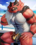  2020 4:5 5_fingers anthro big_muscles black_body black_fur bodily_fluids bulge cancerdoge claws clothed clothing fingers fur genitals green_eyes grey_body grey_fur hi_res humanoid_hands incineroar looking_at_viewer male muscular muscular_anthro muscular_male nintendo one_eye_closed penis penis_base pok&eacute;mon pok&eacute;mon_(species) red_body red_fur red_nose sitting solo striped_body striped_fur stripes sweat topless underwear video_games white_claws wink yellow_sclera 