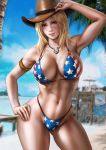  &gt;:) 1girl american_flag_bikini arm_up armlet armpits bare_arms bare_shoulders beach bikini blonde_hair blue_eyes blurry blurry_background breasts brown_headwear cleavage closed_mouth collarbone commentary contrapposto cowboy_hat dandon_fuga day dead_or_alive depth_of_field english_commentary flag_print hand_on_headwear hand_on_hip hat highres jewelry large_breasts long_hair navel necklace ocean outdoors palm_tree pink_lips smile solo star_(symbol) star_print stomach swimsuit thighs thong_bikini tina_armstrong toned tree 