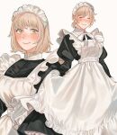  1girl alternate_costume alternate_hairstyle blonde_hair blush breasts closed_eyes dungeon_meshi enmaided falin_touden falin_touden_(tallman) highres large_breasts looking_at_viewer maid medium_hair sasakura34 short_ponytail simple_background smile solo unusually_open_eyes upper_body white_background 