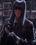  1girl absurdres bangs black_gloves black_jacket black_neckwear closed_mouth collared_shirt gloves guweiz highres jacket long_hair looking_at_viewer original rain shirt wet white_shirt 