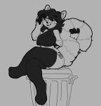  anthro black_hair breasts clothed clothing female fluffy fluffy_tail fur hair hijackerdraws_(artist) mammal monochrome open_mouth open_smile procyonid raccoon simple_background sitting smile solo tongue 