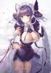  1girl absurdres animal_ears armpits azur_lane blue_eyes breasts cat_ears cheshire_(azur_lane) cleavage cowboy_shot detached_sleeves dress earrings fake_animal_ears frilled_dress frills garter_straps glint highres jewelry large_breasts looking_at_viewer maid maid_headdress multicolored_hair purple_dress purple_hair short_hair smile solo streaked_hair thighhighs tongue tongue_out wakum white_legwear wing_collar zettai_ryouiki 