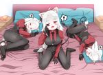  3girls animal_ears arm_garter bed bed_sheet black_gloves cerberus_(helltaker) demon_girl demon_tail dog_ears dog_girl fang gloves helltaker highres long_hair looking_at_viewer mipoog multiple_girls necktie open_mouth pillow red_eyes red_shirt shirt sleeping smile tail triplets vest waistcoat waking_up white_hair 