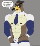  abs animal_humanoid anthro armwear avian avian_humanoid beak bird bulge clothed clothing digital_media_(artwork) disney ducktales_(2017) falcon falcon_graves falconid feathers hair hi_res humanoid klr-rio legwear looking_at_viewer male muscular muscular_male necktie nipples reverse_bunny_costume simple_background solo speech_bubble text thong underwear 