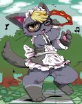  2020 aliasing animal_crossing anthro blonde_hair blush clothed clothing crossdressing cute_fangs dancing day digitigrade domestic_cat eyewear felid feline felis flaccid full-length_portrait fur genitals glasses grey_body grey_fur hair hi_res humanoid_genitalia humanoid_penis kemono looking_at_viewer maid_uniform male mammal musical_instrument musical_note nintendo one_eye_closed orange_eyes outside pawpads penis percussion_instrument pink_pawpads portrait raymond_(animal_crossing) solo tambourine uniform video_games whiskers wink yuureidooru 