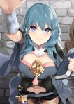  1girl arm_up armor bangs black_cape black_shorts blue_eyes blue_hair blush book breasts brick_floor byleth_(fire_emblem) byleth_(fire_emblem)_(female) cape cleavage closed_mouth commentary_request cowboy_shot dagger emblem eyebrows_behind_hair fire_emblem fire_emblem:_three_houses from_above hair_between_eyes highres holding holding_book large_breasts long_hair looking_at_viewer navel navel_cutout pantyhose patterned_clothing pov reaching sheath sheathed short_shorts short_sleeves shorts sidelocks smile solo standing vambraces weapon yappen 