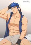  1boy abs bara blue_eyes blue_hair bulge chest erection erection_under_clothes fire_emblem fire_emblem:_path_of_radiance fire_emblem:_radiant_dawn headband ike_(fire_emblem) kakenari male_focus muscle nipples pectorals shiny shiny_hair shiny_skin short_hair solo thick_thighs thighs twitter_username upper_body 
