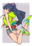  1girl absurdres alternate_costume anjerain blue_eyes blue_hair bow character_name fanny_pack ganaha_hibiki hair_bow highres idolmaster idolmaster_(classic) jumping looking_back nike shoes sneakers solo sports_bra tongue tongue_out vest 