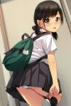  1girl :o absurdres bangs black_hair black_skirt blush brown_eyes eyebrows_visible_through_hair green_backpack hair_ribbon highres looking_at_viewer low_twintails matsunaga_kouyou nose_blush open_mouth original panties pantyshot pleated_skirt ribbon school_uniform shirt short_hair short_sleeves skirt solo thighs twintails underwear white_panties white_shirt 