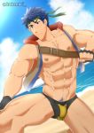  1boy abs alternate_costume bara blue_eyes blue_hair blue_pubic_hair bulge chest fire_emblem fire_emblem:_path_of_radiance fire_emblem:_radiant_dawn headband ike_(fire_emblem) kakenari male_focus male_pubic_hair male_swimwear muscle nipples pectorals pubic_hair shiny shiny_hair shiny_skin short_hair solo swim_briefs swimwear thick_thighs thighs twitter_username upper_body 