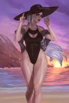  1girl bare_shoulders beach black_headwear black_nails black_swimsuit breasts cleavage cleavage_cutout cloud collarbone covered_navel diana_(league_of_legends) facial_mark fingernails g21mm grey_eyes hat highres league_of_legends long_hair ocean outdoors parted_lips purple_sky red_lips sand signature silver_hair solo standing sun sunset swimsuit water 