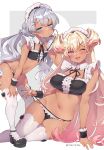  2girls ;d ahoge bare_arms bare_shoulders bent_over bikini black_bikini black_footwear blonde_hair blue_eyes breasts cleavage dark_skin flat_chest frills gradient_hair grey_hair groin hair_ornament hairclip hand_on_own_thigh highres large_breasts long_hair looking_at_viewer low_twintails maid maid_bikini maid_headdress mary_janes multicolored_hair multiple_girls navel one_eye_closed open_mouth original pink_eyes shoes sitting skindentation smile standing stomach strap_pull string_bikini swimsuit thighhighs thighs trente twintails two_side_up very_long_hair white_legwear wing_collar wrist_cuffs yokozuwari 
