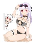  2girls anchor_choker apron arm_support arm_up azur_lane bangs bare_shoulders bikini black_bikini black_choker black_hairband black_ribbon blunt_bangs blush breasts choker cleavage collarbone commentary_request cosplay dido_(azur_lane) dress eyebrows_visible_through_hair eyewear_on_head full_body groin hair_between_eyes hair_ribbon hairband heart heart-shaped_eyewear highres holding holding_eyewear lace-trimmed_hairband large_breasts long_hair looking_at_viewer maid_apron maid_dress midriff multiple_girls navel o-ring o-ring_top parted_lips peeking_out purple_eyes radiance red_eyes ribbon scrunchie see-through shadow sheer_clothes short_hair short_sleeves sidelocks silver_hair simple_background sirius_(azur_lane) sirius_(azur_lane)_(cosplay) sirius_(midsummer_seirios)_(azur_lane) sitting smile standing sunglasses swimsuit thigh_strap thighhighs underboob underboob_cutout waist_apron white_apron white_background white_dress white_hair white_legwear white_scrunchie wrist_scrunchie zettai_ryouiki 