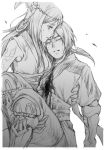  1boy 1girl bleeding blood carrying closed_eyes dragon_nest gauntlets greaves greyscale hair_ornament long_hair looking_at_another manjyufroth monochrome ponytail princess_carry white_background 