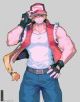  +_+ 1boy adjusting_clothes adjusting_headwear alphapet_(alfie) baseball_cap belt black_belt black_gloves blonde_hair blue_eyes blue_pants denim fatal_fury fatal_fury_cap fingerless_gloves gloves grin hand_on_own_hip hat highres jacket jeans long_hair looking_at_viewer male_focus muscular muscular_male one_eye_closed pants ponytail red_jacket sharp_teeth shirt simple_background sleeveless sleeveless_jacket sleeveless_shirt smile solo teeth terry_bogard the_king_of_fighters white_shirt 