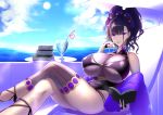  1girl bangs bare_shoulders beach_chair black_swimsuit blue_sky book book_stack breasts cloud commentary_request crossed_legs cup drinking_glass drinking_straw fate/grand_order fate_(series) finger_to_mouth flower gloves hair_between_eyes hair_flower hair_ornament hair_up half_gloves highleg highleg_swimsuit highres holding holding_book huge_breasts looking_at_viewer murasaki_shikibu_(fate) murasaki_shikibu_(swimsuit_rider)_(fate) ocean one-piece_swimsuit purple_eyes shawl shiroshisu sidelocks single_thighhigh sitting sky sun swimsuit thighhighs tied_hair umbrella water 