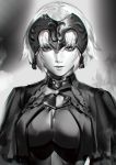  1girl armor bangs breasts cape chain fate/grand_order fate_(series) grey_background greyscale headpiece jeanne_d&#039;arc_(alter)_(fate) jeanne_d&#039;arc_(fate)_(all) large_breasts looking_at_viewer monochrome short_hair yang-do 