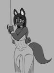  anthro black_body black_fur black_hair blue_eyes breasts canid canine clothed clothing female fluffy fluffy_tail fur hair hijackerdraws_(artist) holding_object holding_weapon mammal melee_weapon simple_background smile solo sword weapon 