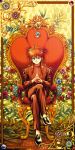  1boy black_footwear blue_flower blue_rose chair crossed_legs flower full_body green_eyes interlocked_fingers jungyun99 kurama looking_at_viewer male_focus plant red_flower red_hair red_rose rose school_uniform sidelocks sitting smile vines yellow_flower yellow_rose yuu_yuu_hakusho 