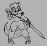  anthro bandage breasts claws clothed clothing female hijackerdraws_(artist) holding_object holding_weapon horn kobold melee_weapon monochrome open_mouth simple_background solo sword teeth weapon 