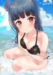  1girl absurdres beach bikini bikini_bottom bikini_top black_bikini blue_hair blush breasts crossed_arms day eyebrows_visible_through_hair highres looking_at_viewer love_live! love_live!_sunshine!! outdoors red_eyes side_bun solo sunya_(honorin-yuunibo) swimsuit tsushima_yoshiko 