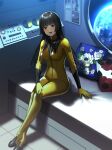  1girl 364ing01 :d black_eyes black_hair bodysuit breasts commentary english_commentary hand_on_own_knee highres large_breasts latex latex_bodysuit long_hair open_mouth original pillow second-party_source sitting smile solo suzuki_atsuko tongue yellow_bodysuit zipper 