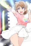  1girl absurdres ankoiri belt blurry blurry_background blush brown_hair glowstick highres holding koizumi_hanayo love_live! love_live!_school_idol_project motion_blur open_mouth pink_shirt purple_eyes shirt short_hair short_sleeves skirt solo sweat thighs white_skirt 