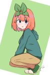  1girl bangs blue_eyes blush brown_pants commentary_request eyebrows_behind_hair full_body go-toubun_no_hanayome green_background green_footwear green_hoodie green_ribbon hair_between_eyes hair_ribbon highres hood hood_down hoodie kujou_karasuma nakano_yotsuba orange_hair pants parted_lips ribbon shoes signature solo squatting sweat two-tone_background white_background 