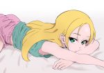  1girl absurdres bangs bed_sheet blonde_hair green_eyes green_shirt highres kirahoshi_ciel kirakira_precure_a_la_mode long_hair lying on_stomach pajamas parted_bangs pink_shorts precure shiny shiny_hair shirt short_shorts shorts sleeveless sleeveless_shirt solo symbol-shaped_pupils tankobukids very_long_hair 