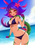  1girl :d animal_ears ayatori_(aytr) bangs bare_arms bare_shoulders beach bikini blue_hair blue_sky blush breasts cleavage cloud collarbone commentary_request cowboy_shot day fang flower front-tie_bikini front-tie_top gradient_hair hair_flower hair_ornament hand_up hibiscus highres league_of_legends lizard_girl lizard_tail looking_at_viewer medium_breasts medium_hair monster_girl multicolored_hair navel neeko_(league_of_legends) ocean open_mouth orange_eyes outdoors purple_bikini purple_hair sky slit_pupils smile solo standing swimsuit tail two-tone_hair vastaya 