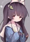  1girl animal_ears black_gloves black_hair blue_archive fake_animal_ears gloves green_neckerchief grey_background grey_halo halo leaf leaf_on_head long_hair miyu_(blue_archive) neckerchief rabbit_ears red_eyes sailor_collar solo user_wyxr8822 white_sailor_collar 